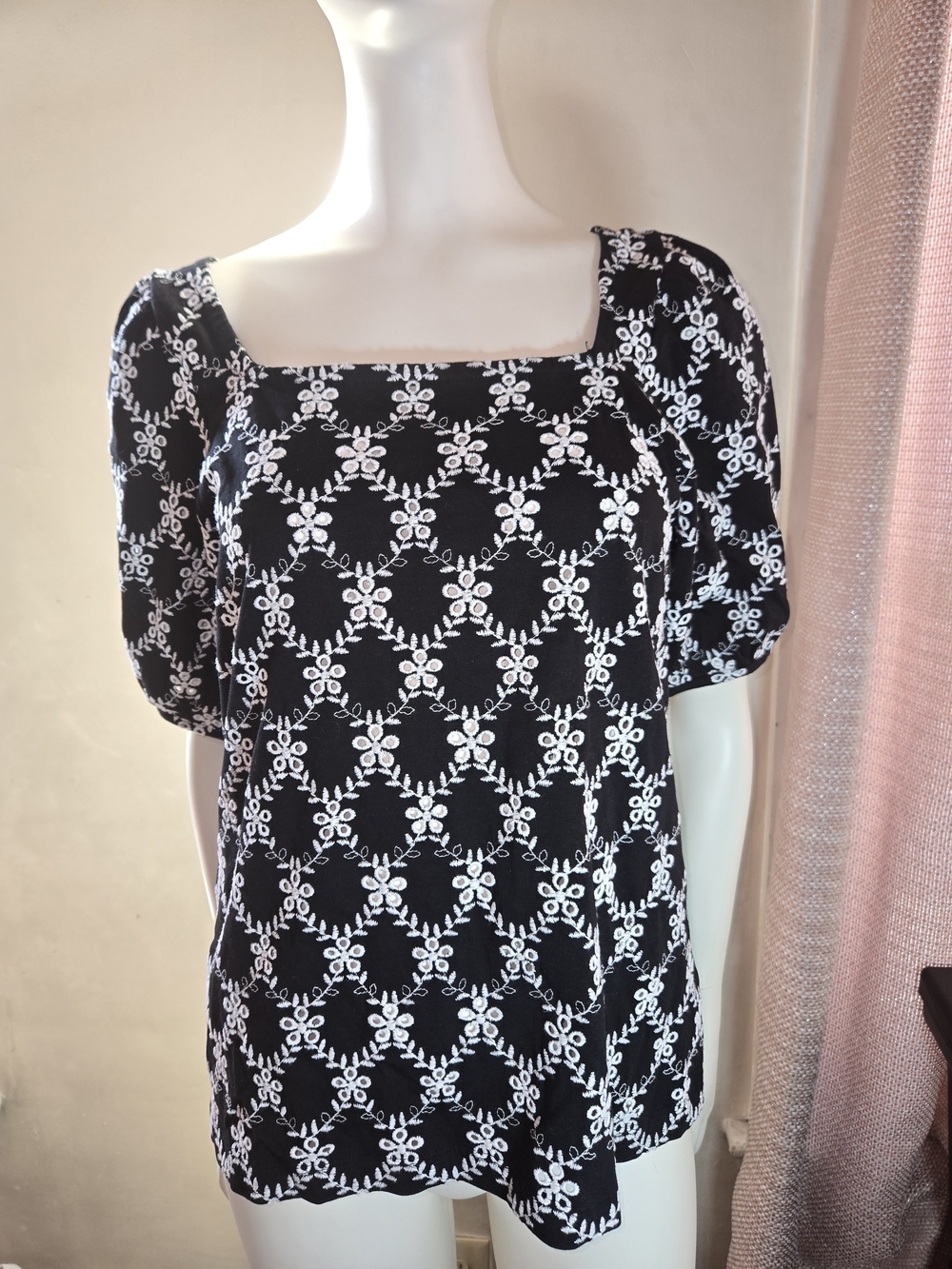 LOFT Black Top with White Floral Embroidery